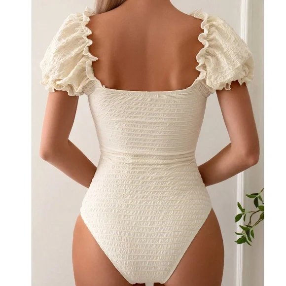 Boho Scoop Neck Puff Sleeve Cut out One Piece Swimsuit Monokini - Picture 2 of 8